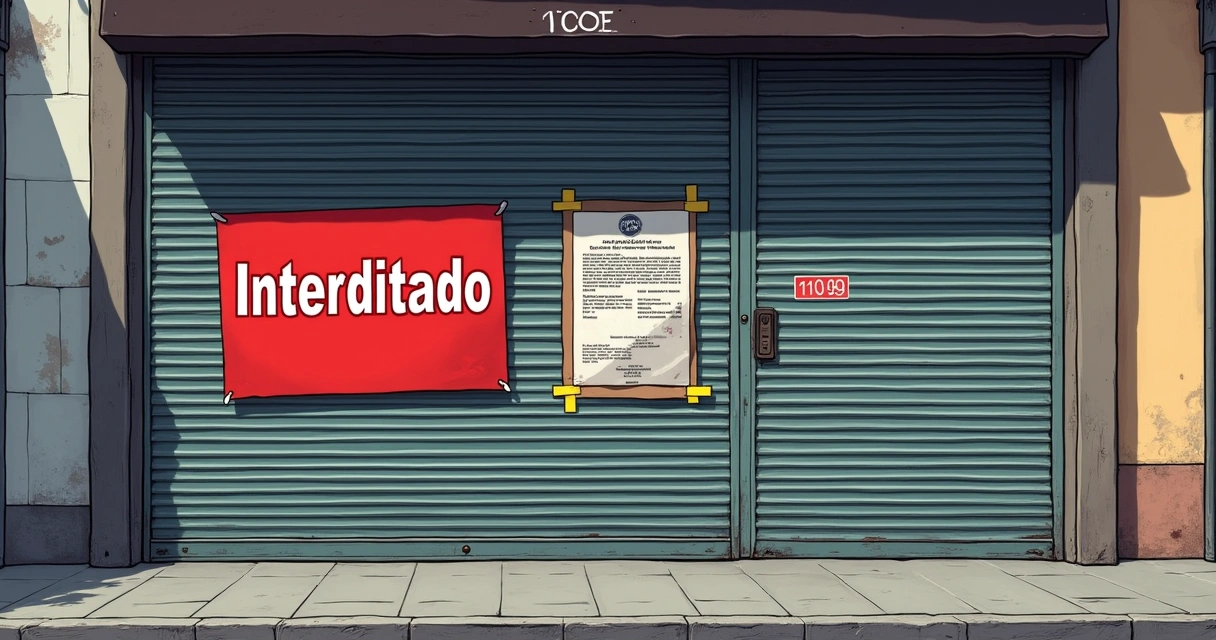 Loja com as portas fechadas e aviso de interdição 
