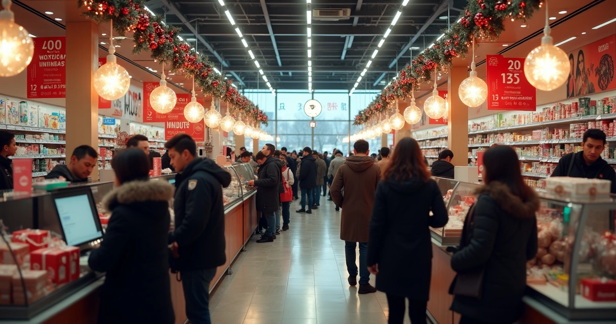 Lojas abertas com movimento de clientes em um feriado. 