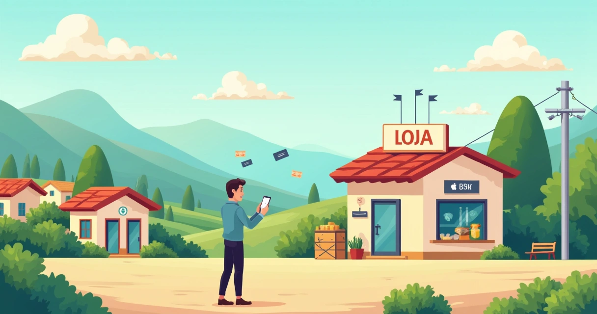 Ilustração de uma loja rural com proprietário usando aplicativo de fintech no celular, com crescimento econômico simbolizado.