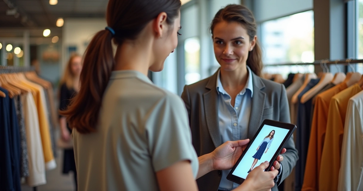 Vendedor atendendo cliente com tablet em loja física de roupas 