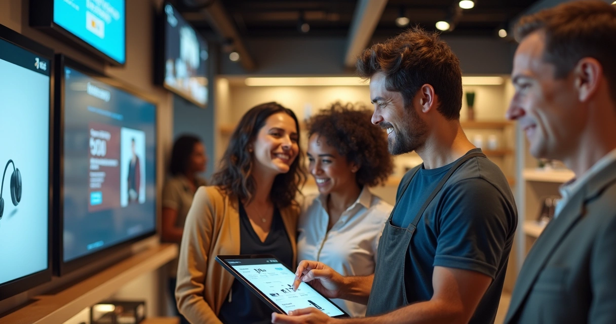 Lojista mostrando catálogo digital em tablet para clientes na loja 