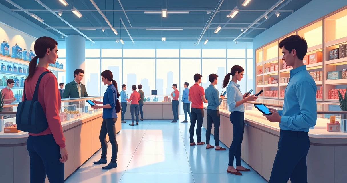 Cena de loja moderna com integração entre espaço físico e digital, mostrando clientes usando celulares e pagamentos automáticos. 