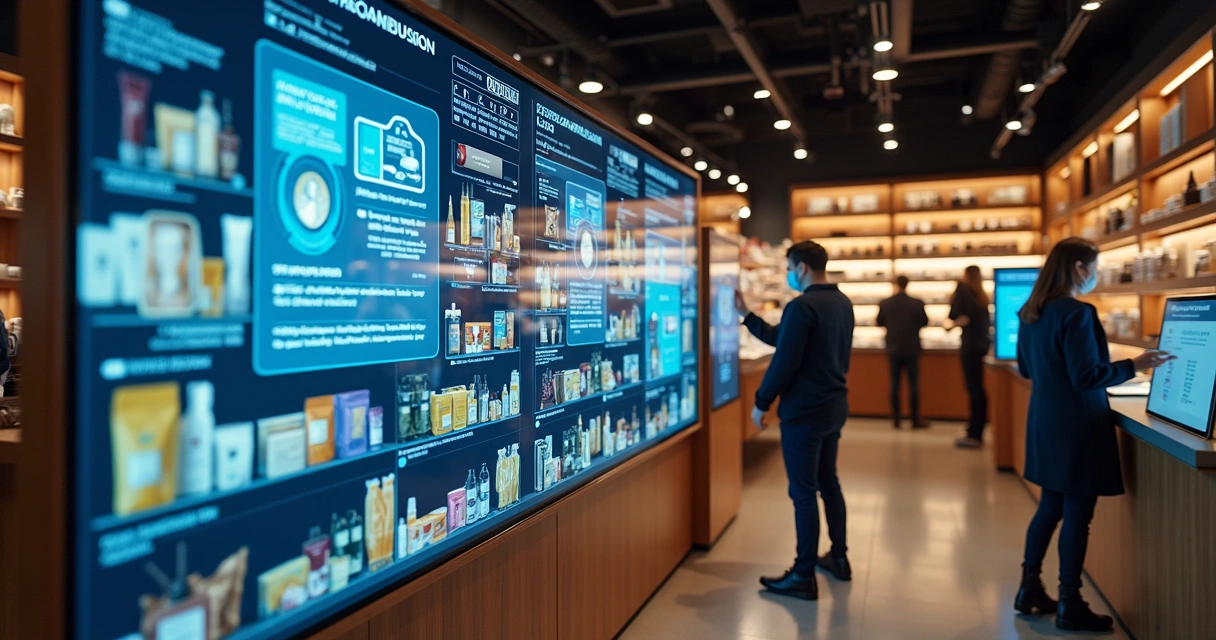 Loja física com presença de IA em telas digitais 