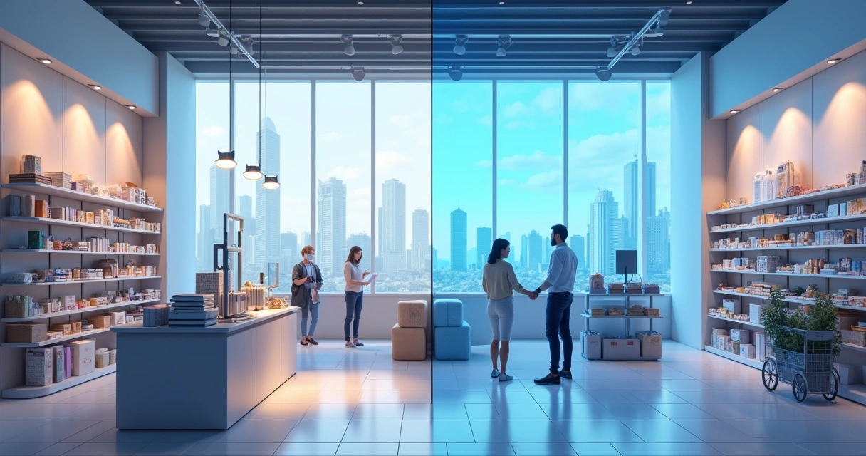 Loja física e digital unificadas, mostrando integração de estoque e vendas