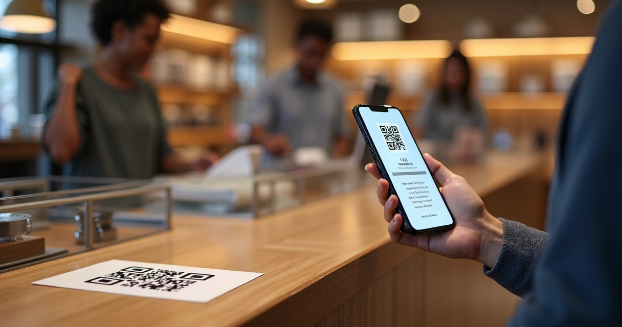 Adesivo de QRCode no balcão de loja física, catálogo digital no celular 