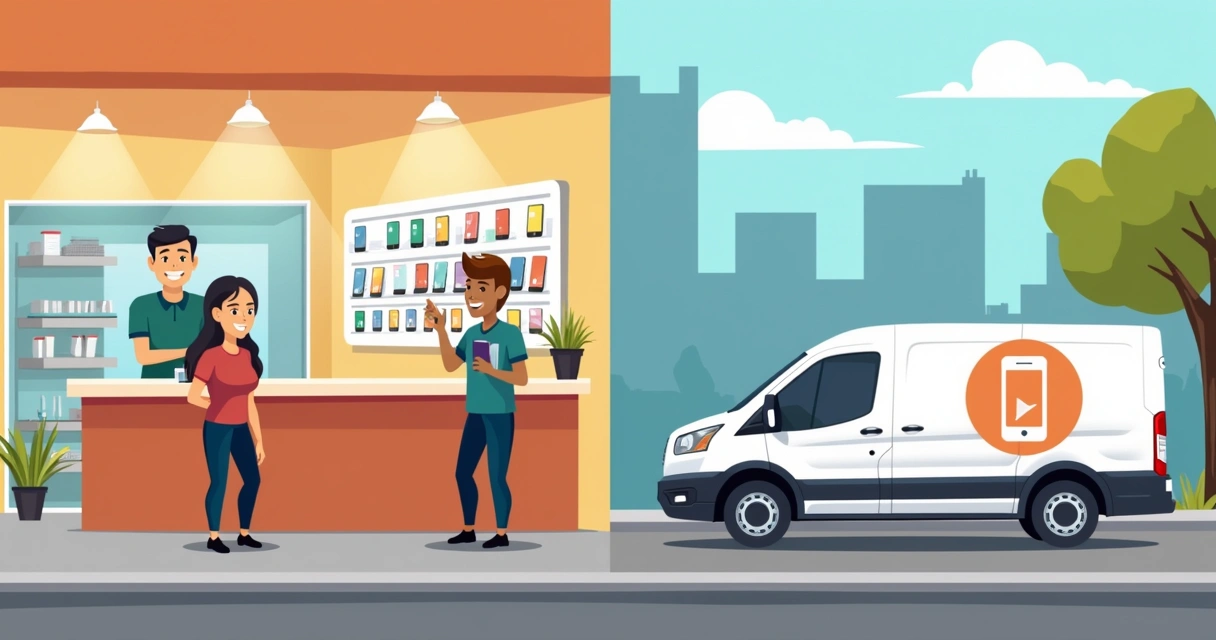 Loja de assistência com balcão, técnico, cliente e van com logo na lateral. 
