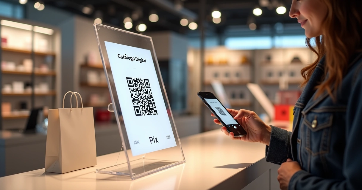 Loja física com QR code divulgando catálogo digital ao lado do caixa 