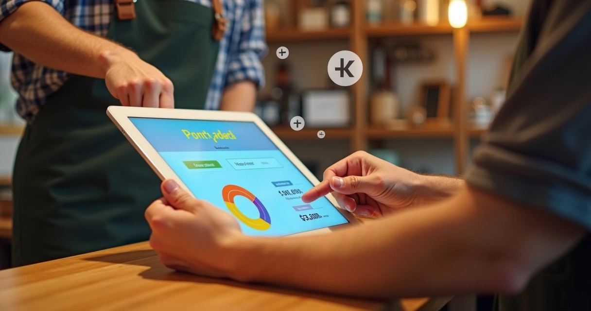 Comerciante usando sistema digital de fidelidade no balcão 