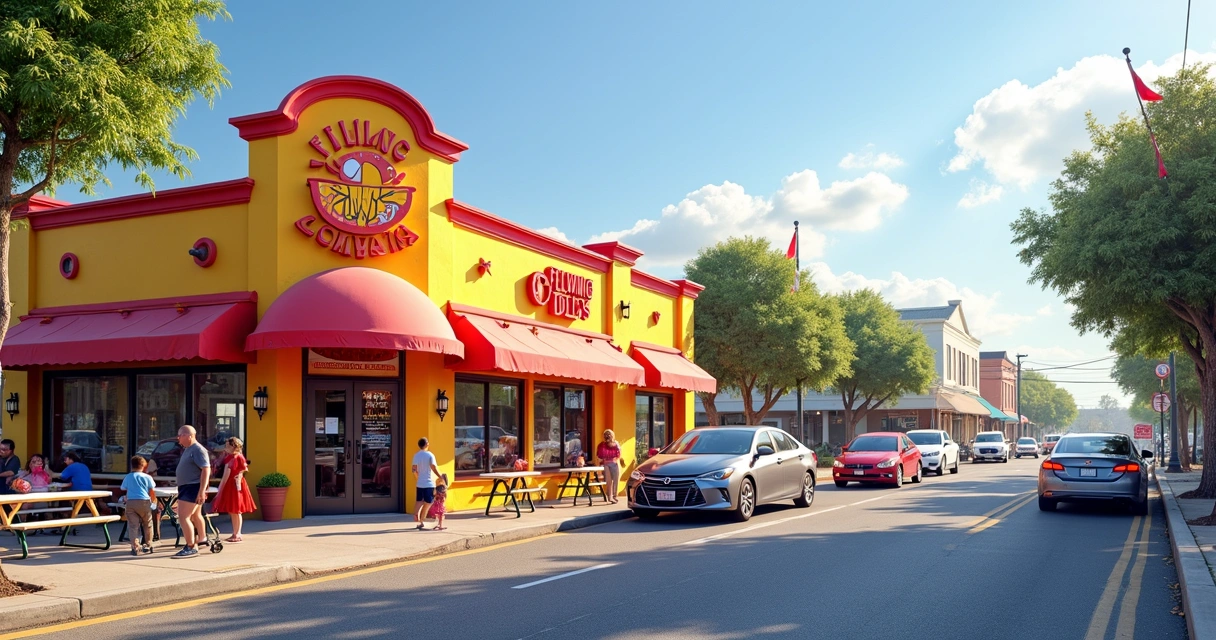 Loja Flying Dolly’s em Mobile com fachada colorida e fila de carros no drive-thru 