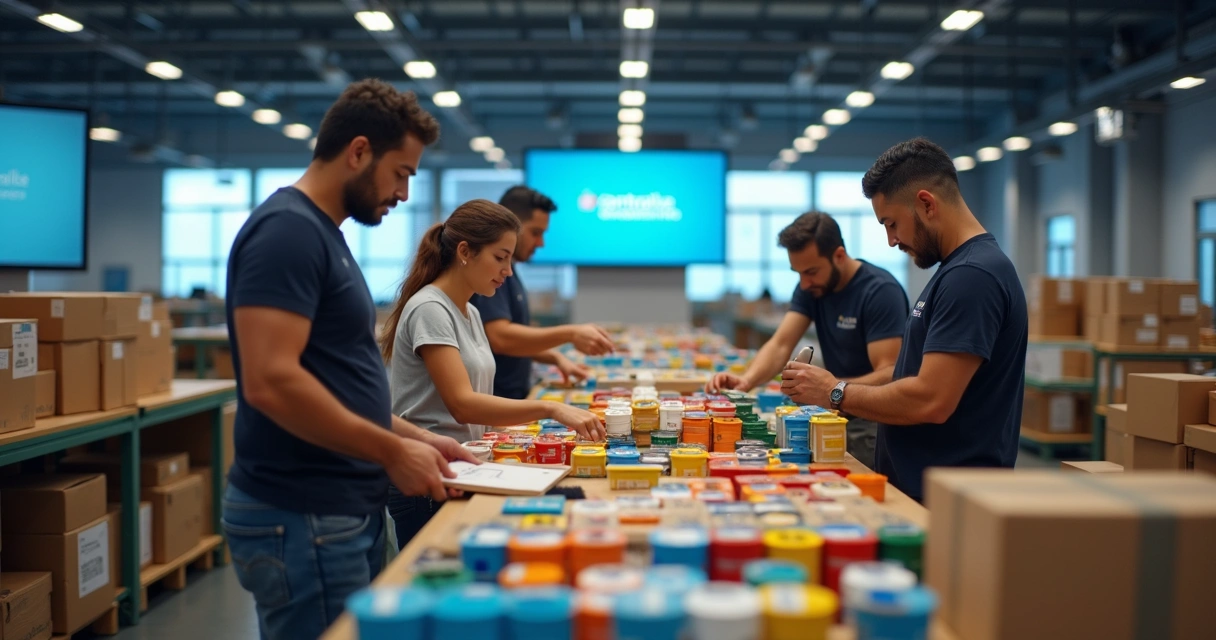 Vendedores de marketplace organizando produtos em centro de distribuição