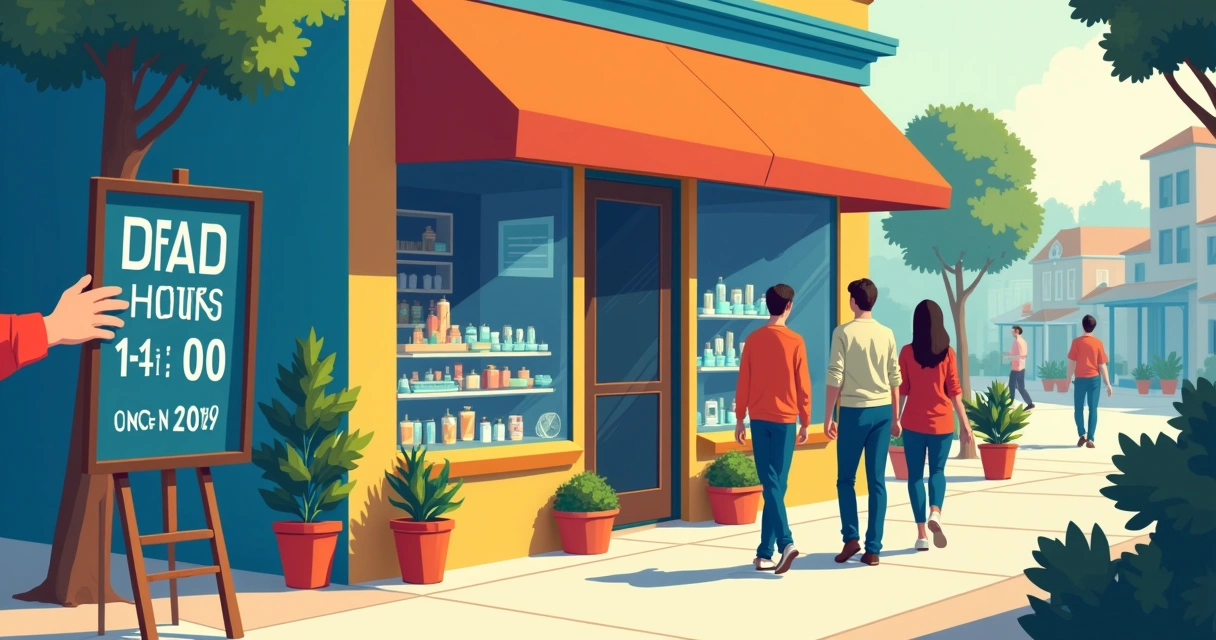 Loja com sinal digital exibindo horários atualizados, clientes passando, e ambiente acolhedor.