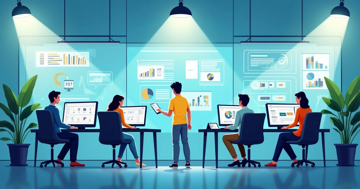 Nova loja de informática com equipe testando softwares em computadores, mesa organizada e prateleiras ao fundo.