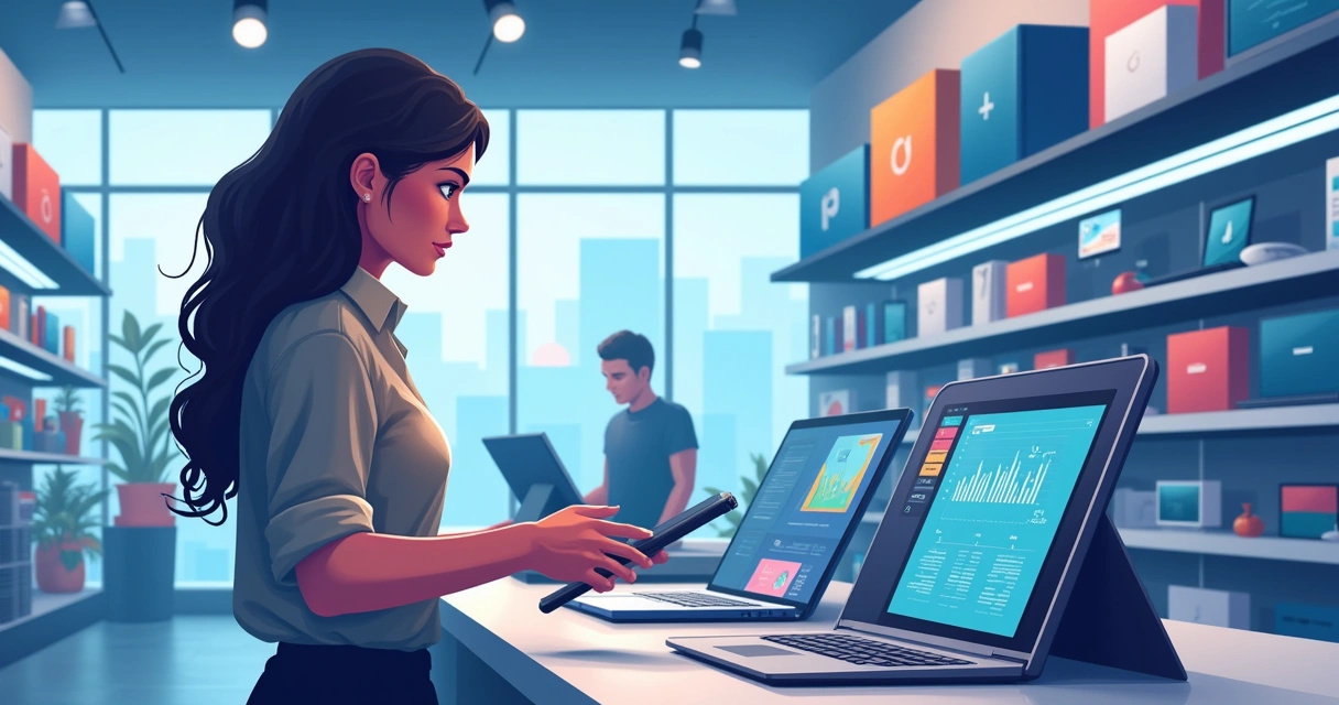 Loja de informática com produtos organizados e um funcionário usando software de gestão de estoque.