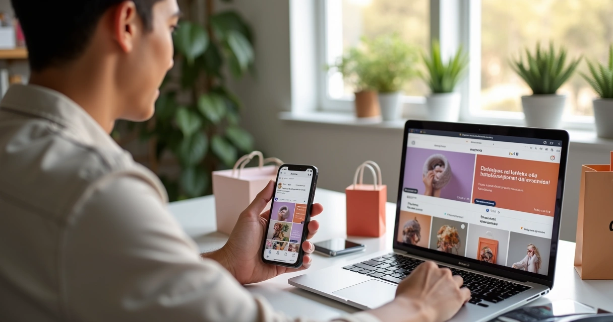 Empreendedora usando notebook e celular para criar posts de Instagram da loja virtual 