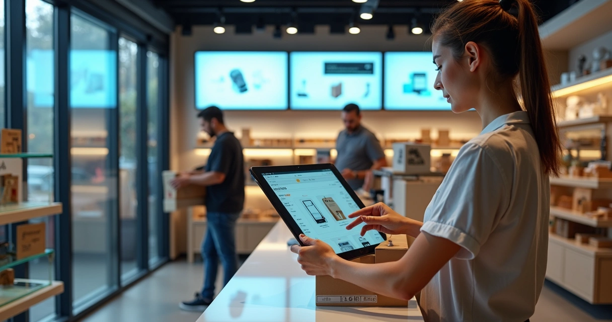 Uma loja física integrada com computadores mostrando vendas online