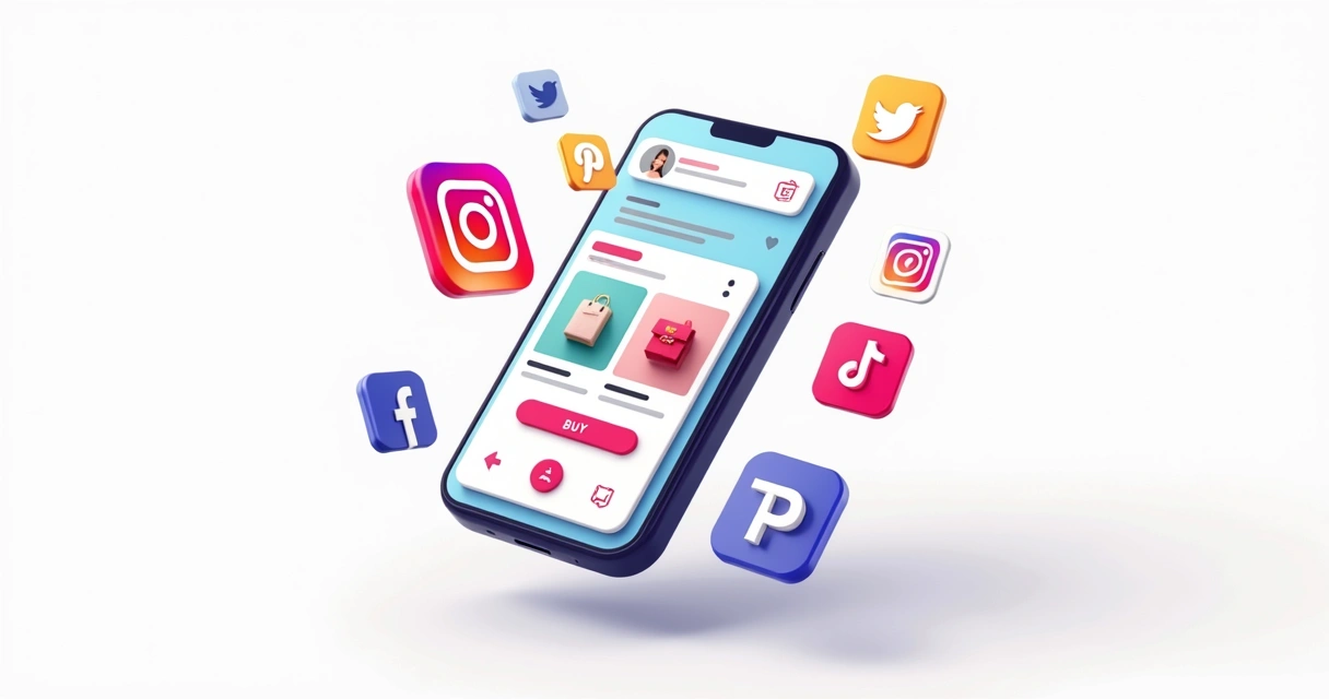 Integração de loja virtual com redes sociais, mostrando produtos, carrinhos e ícones de mídia social lado a lado. 