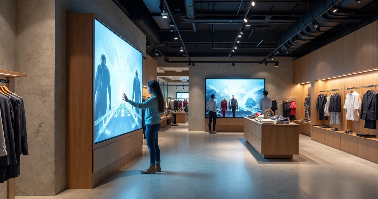 Cliente interage com painel digital em loja moderna 