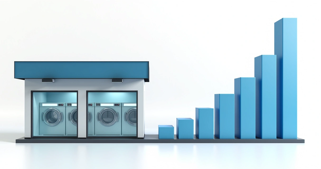 Loja de lavanderia autoatendimento ao lado de gráfico de barras mostrando crescimento 