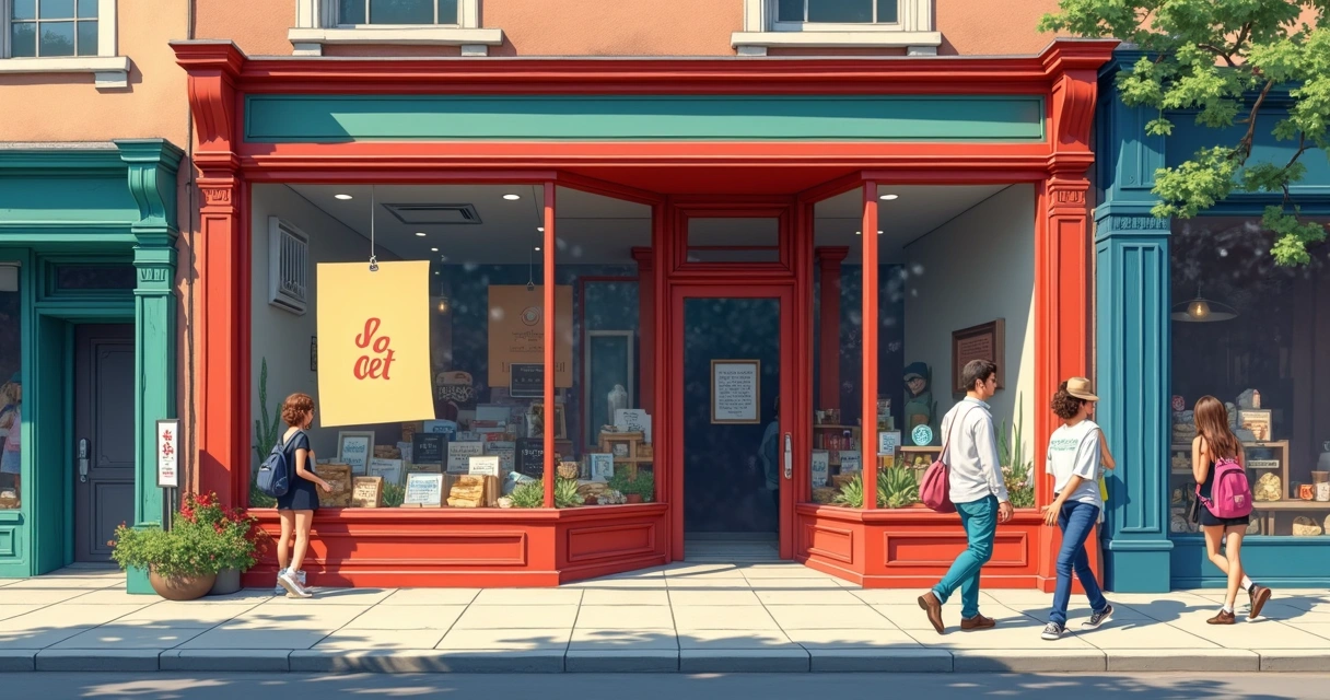 Loja local com vitrine colorida, adesivo de promoção e pessoas caminhando pela calçada 