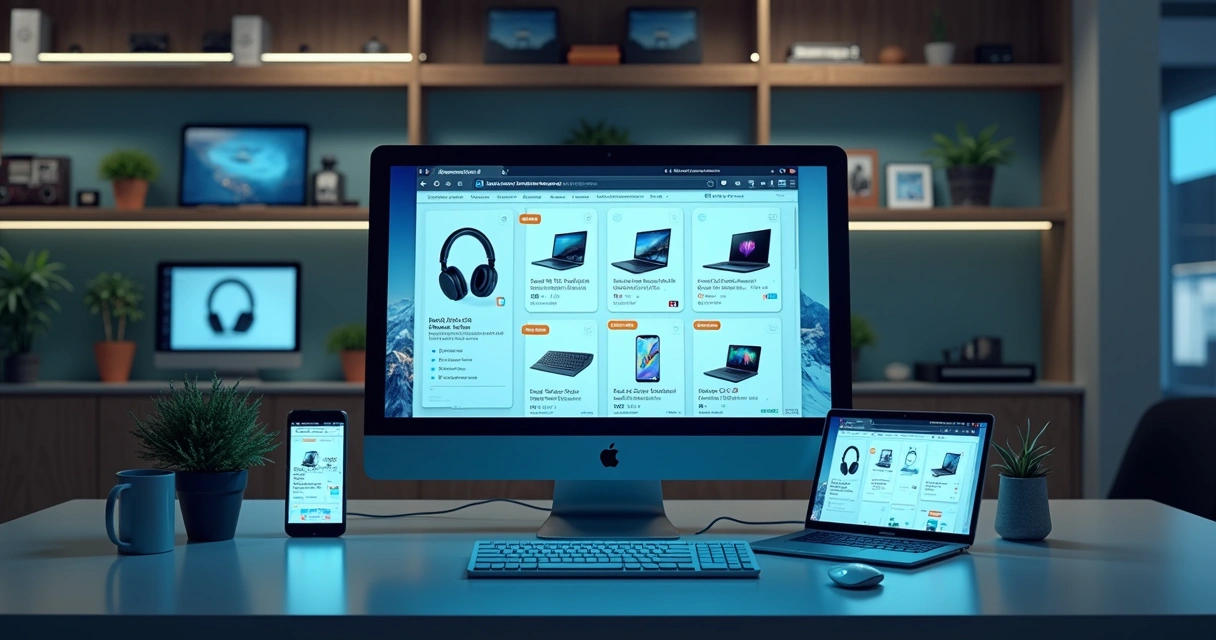 Vitrine digital de marketplace com diversos computadores e produtos eletrônicos 
