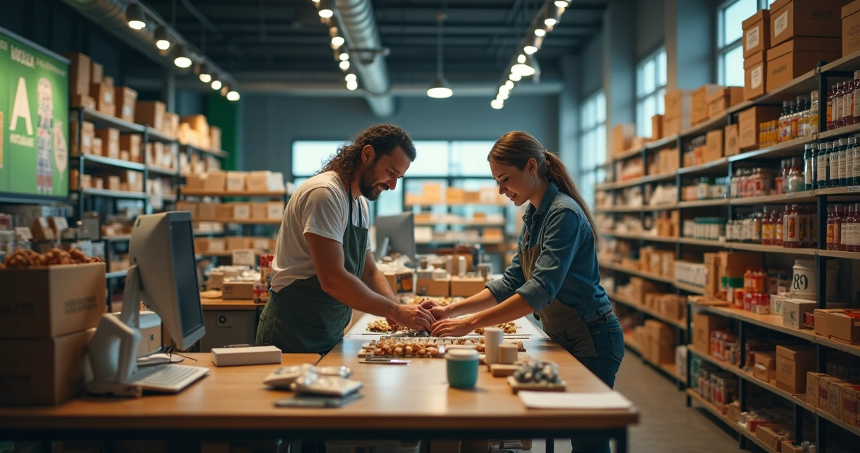 Funcionário de loja empacotando produto para entrega Flex