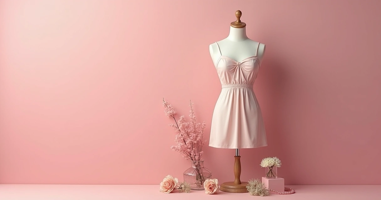 Vestido feminino em manequim, fundo rosa claro e objetos decorativos no cenário 