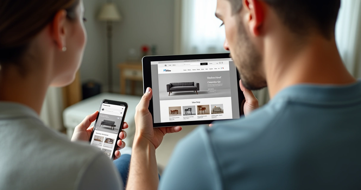 Loja de móveis exibida em smartphone e tablet 
