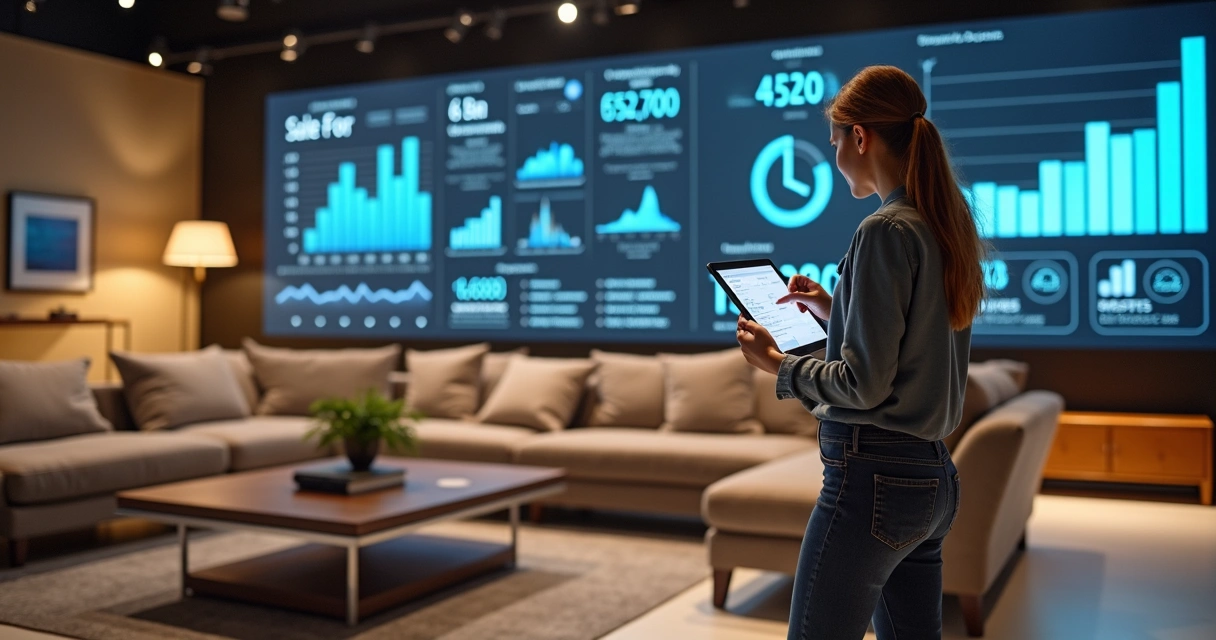Loja de móveis com ambiente moderno e painel digital mostrando estatísticas de vendas 
