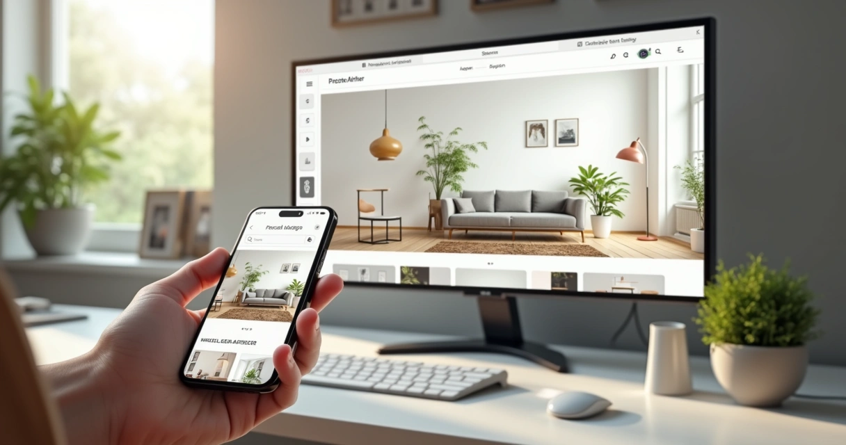 Ambiente digital com móveis expostos e cliente navegando em smartphone 