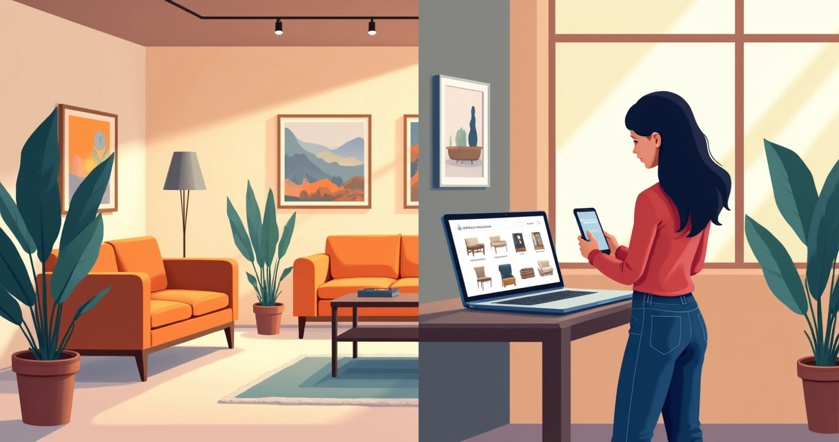 Ambiente de loja de móveis moderno integrado com e-commerce e celular 