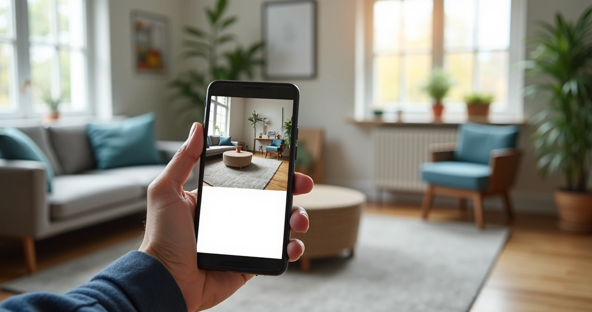 Página inicial de uma loja virtual de móveis no celular, com destaque para sofás modernos e ambiente claro 