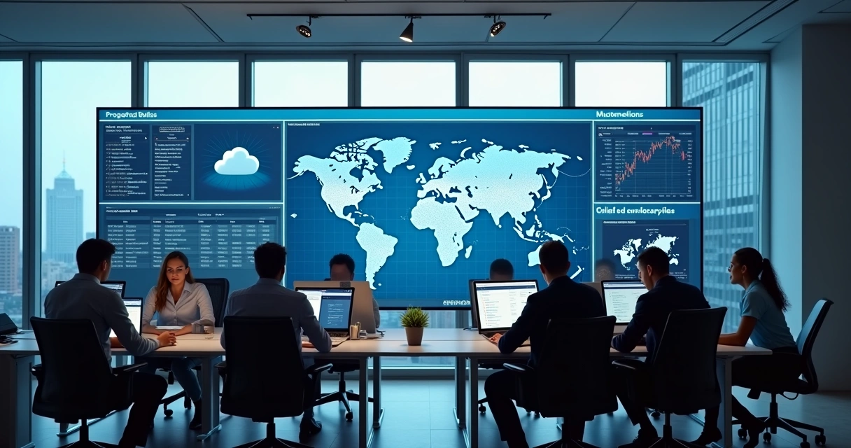 Multiloja conectada em nuvem com equipe reunida 