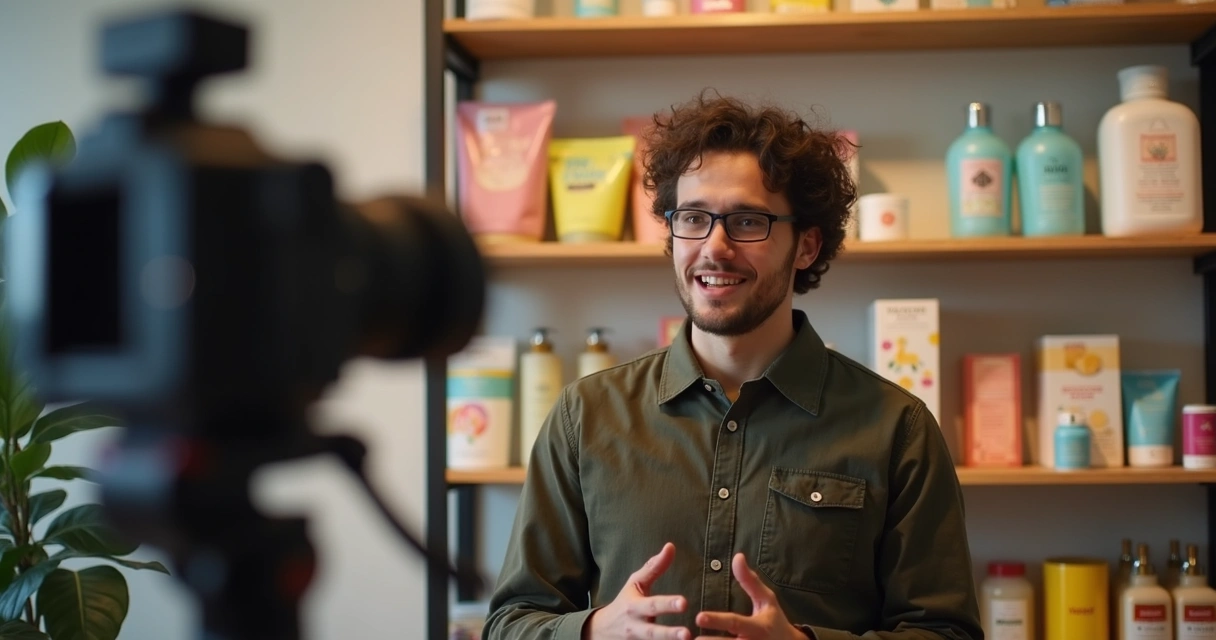 Pequena loja gravando vídeo para canal YouTube mostrando produtos 