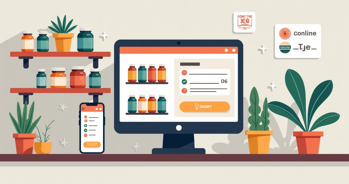 Loja online de nutracêuticos com vitrine digital e frascos coloridos na tela 