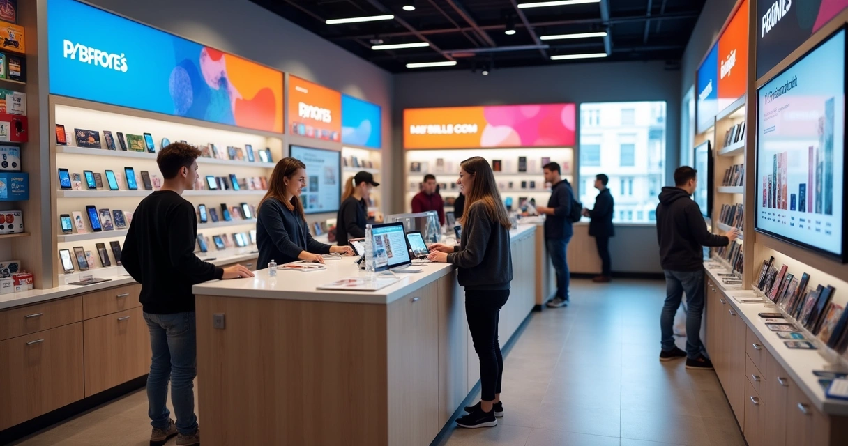Loja de celulares integrando atendimento físico e online, com clientes interagindo