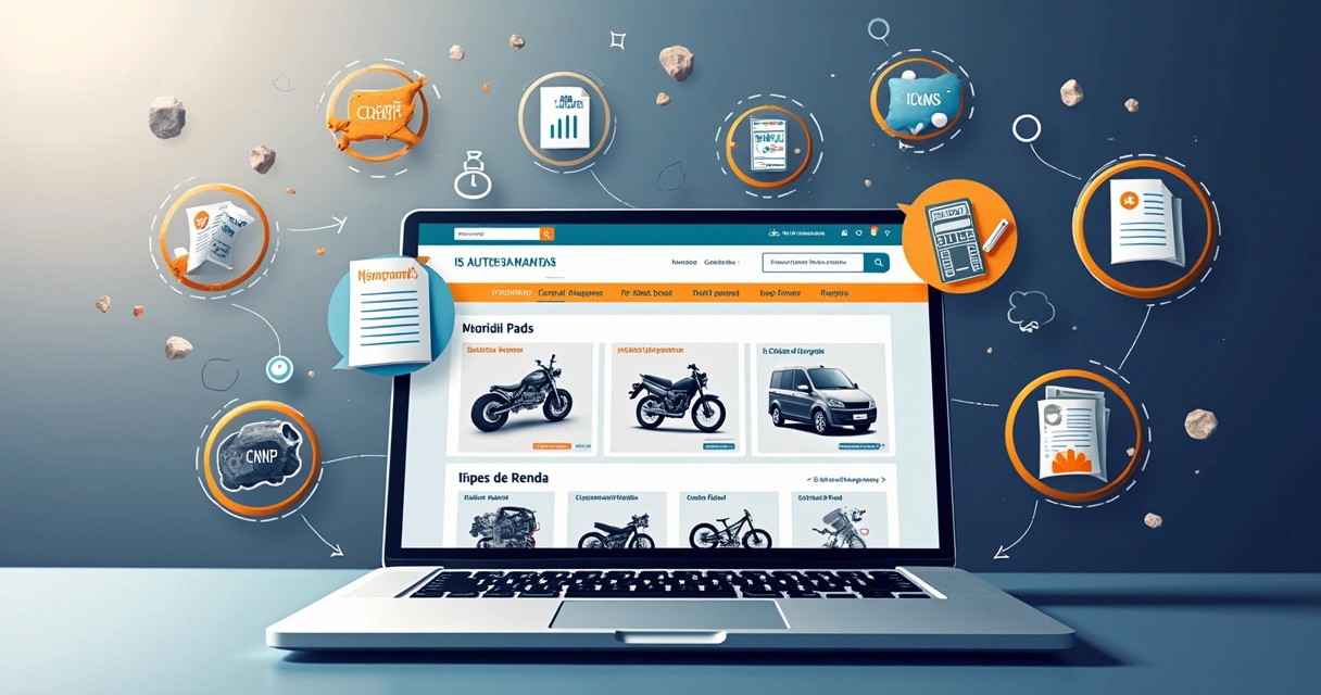 Interface de loja online de autopeças, com ícones de impostos e documentos legais ao fundo.