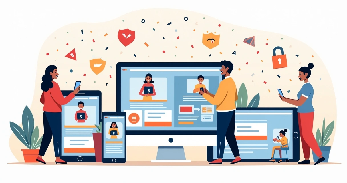 Loja online com filas de consumidores felizes 