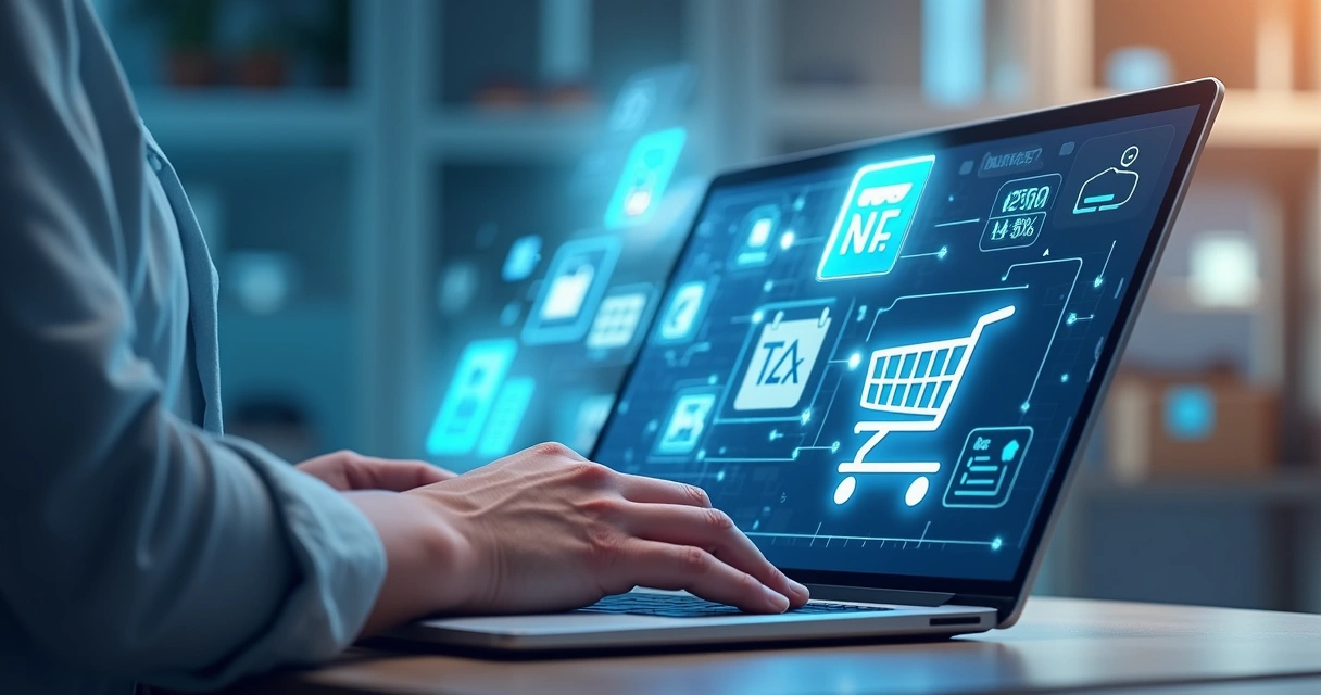 Ilustração de uma loja online em operação no notebook, emitindo nota fiscal eletrônica