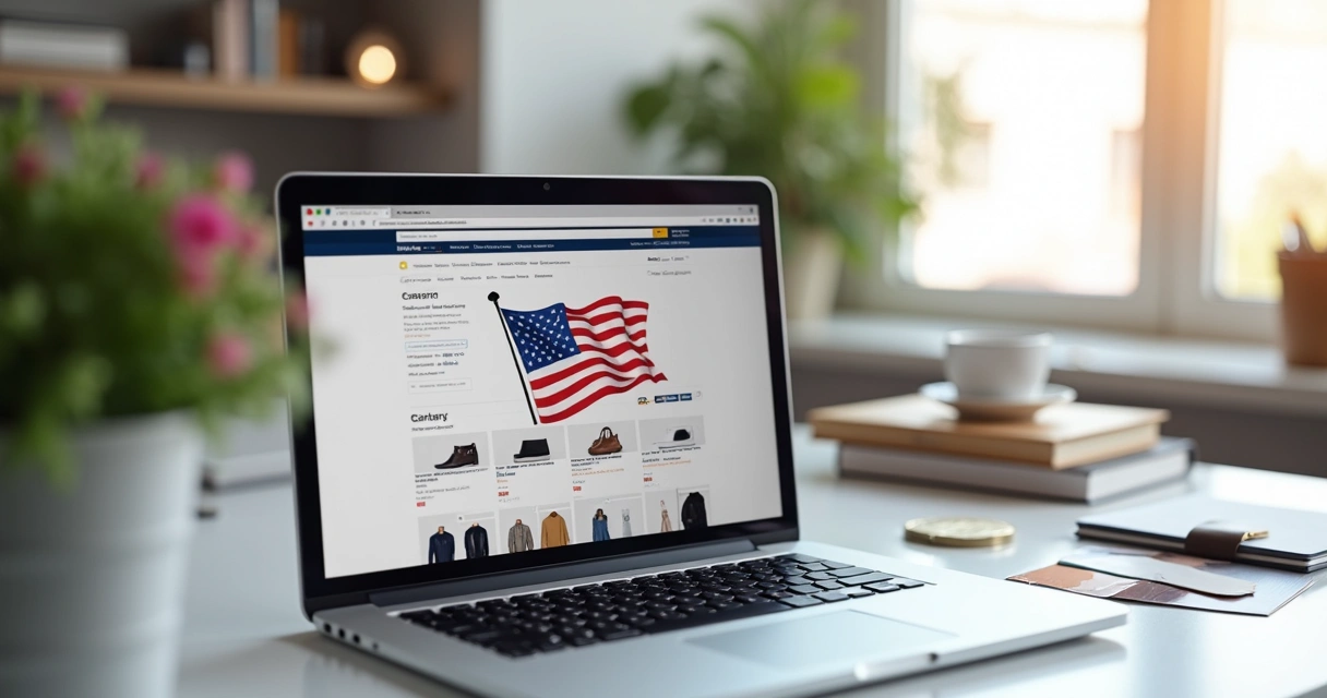 D2C: Guia para Brasileiros Venderem Direto nos EUA 3 Loja virtual aberta em notebook com cartões de crédito, pagamento digital e decoração americana