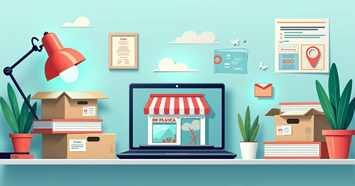 Ambiente ilustrado mostrando uma loja online com gráficos de vendas, um dropshipper focado em múltiplas tarefas e caixas de produtos no fundo 