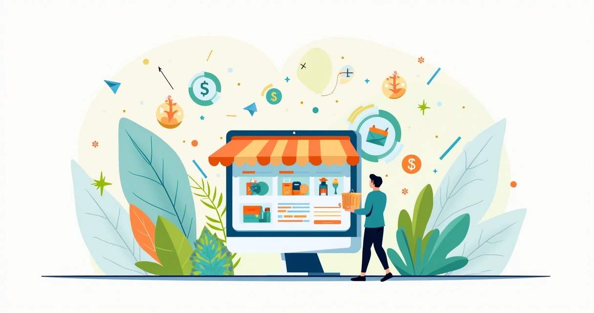 Interface de loja online mostrando produtos em um computador, com elementos de crescimento e empreendedorismo.