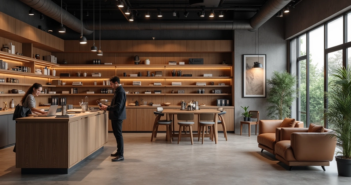 Ambiente de loja física moderna com área de vendas online integrada 