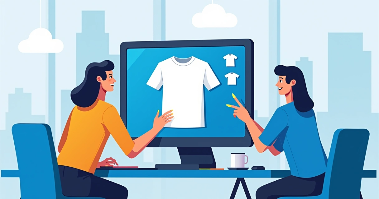 Cliente simulando personalização de camiseta no computador, ambiente corporativo 