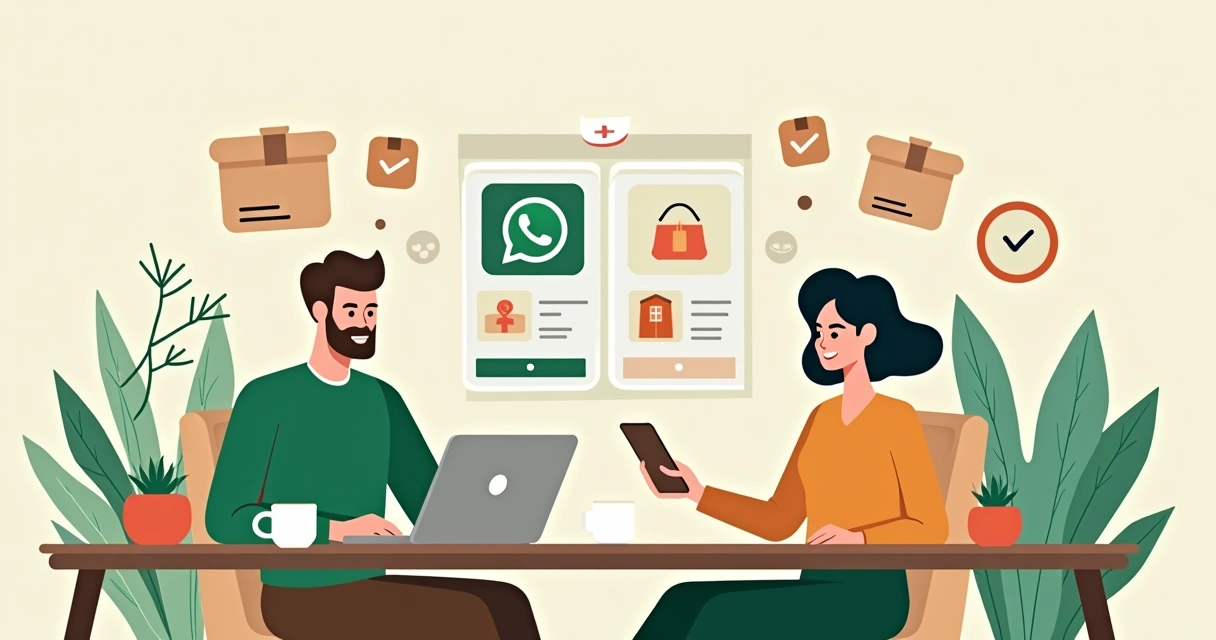 Duas pessoas usando notebook e celular em uma mesa decorada enquanto conversam sobre compras online pelo WhatsApp. 