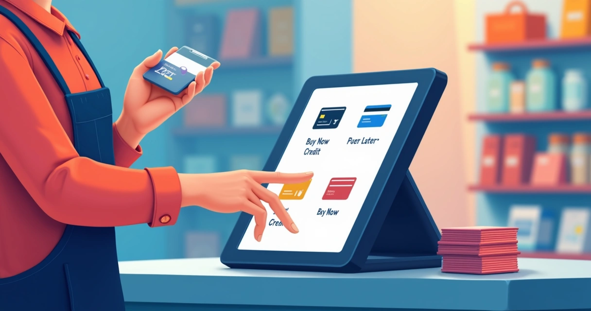 Loja com terminal digital e pessoa escolhendo forma de pagamento