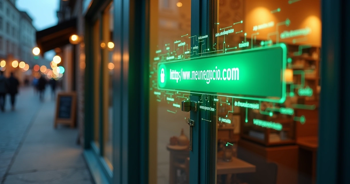 Pequena loja com vitrine digital protegida por cadeado de segurança virtual 