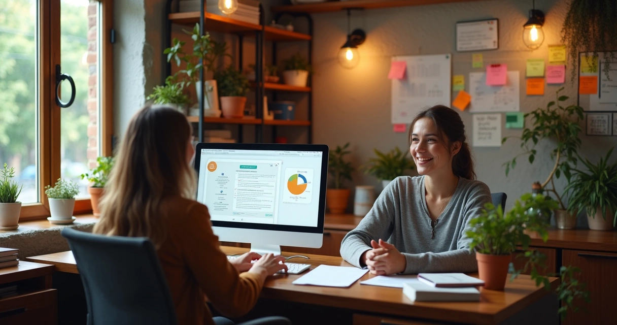 Sala pequena de empresa, dona conversando com clientes, papeis, computador, prateleiras e inscrições de redes sociais na parede 