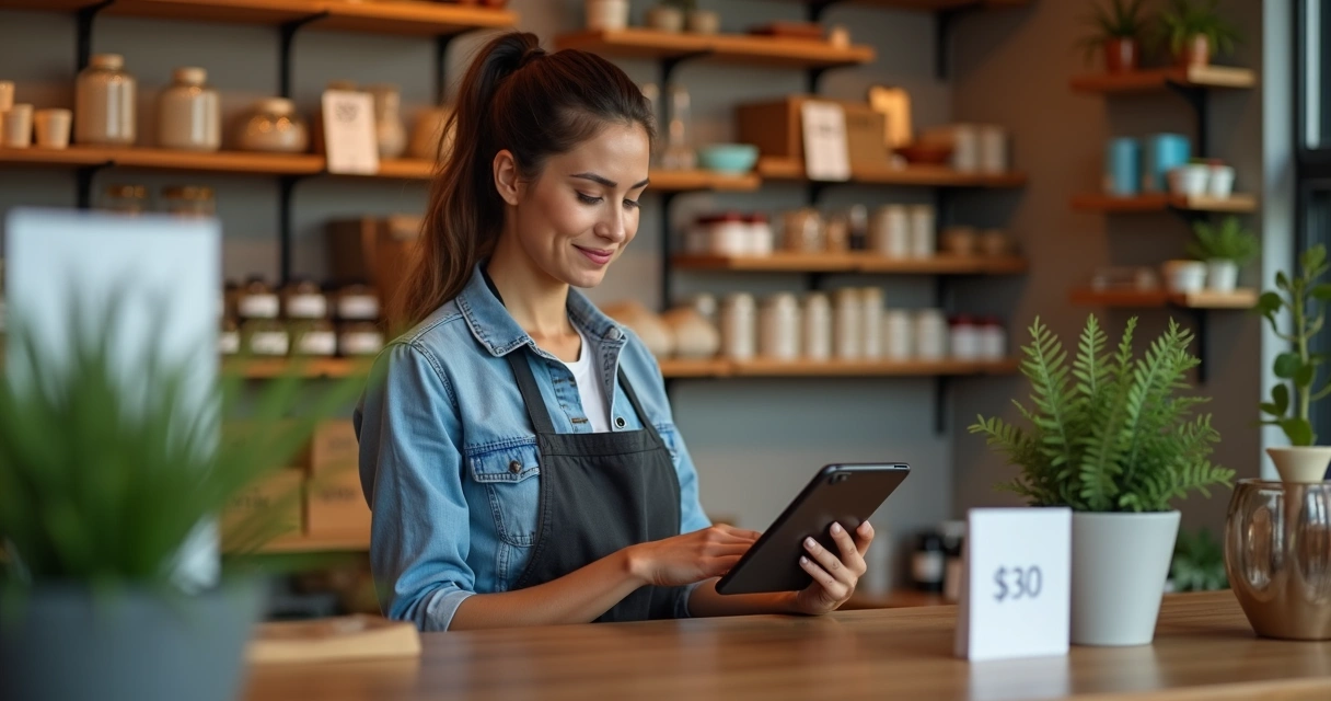 Dona de loja pequena usando tablet para mostrar vendas digitais 