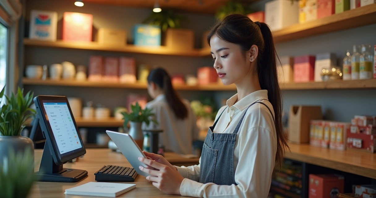 Loja pequena organizando vendas digitalmente. 