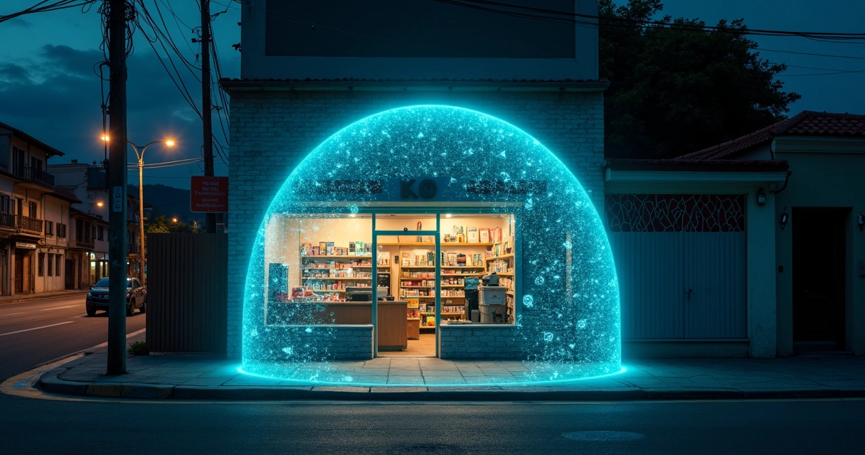  Pequena loja de rua protegida por escudo digital transparente 